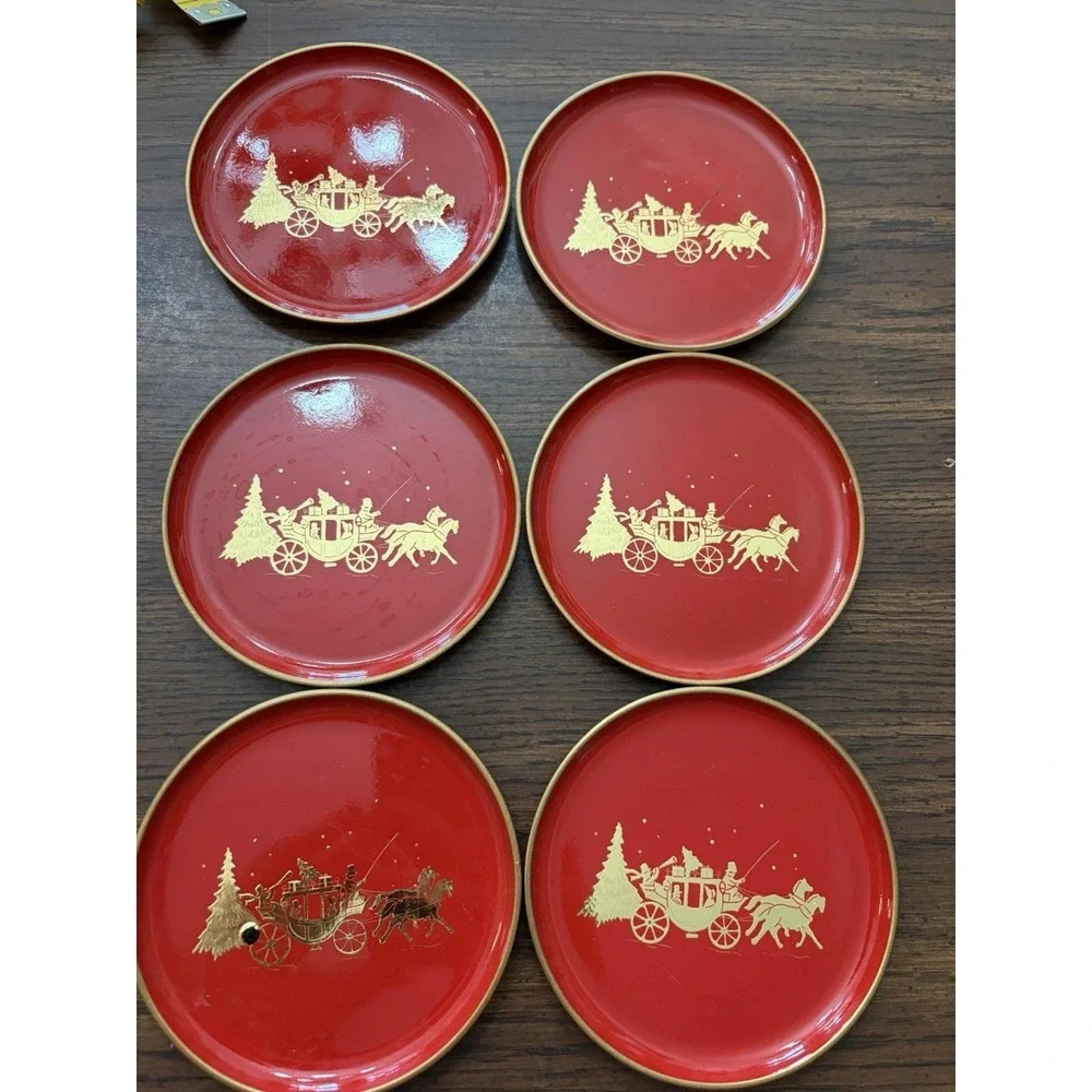 Vintage 1960s-70s Christmas Coasters Red Gold Horse Carriage Elegant